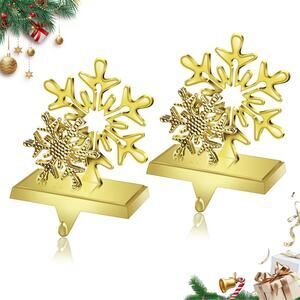Christmas Stocking Holders for Mantle Set of 2 Snowflake Gold Metal Hangers